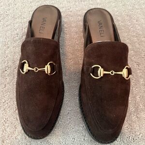 Van Eli Dark Brown Suede Mules with Horse Bit Gold Detail